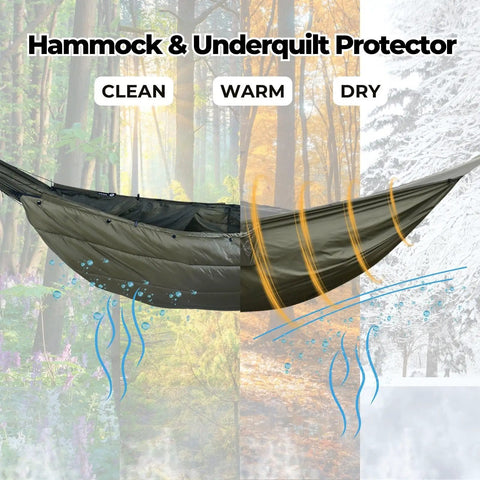 Cozy Hammock Underquilt Protector Water Resistant Cover With Breathable 1.1 oz Nylon Ripstop Shield, shown in seasonal settings.