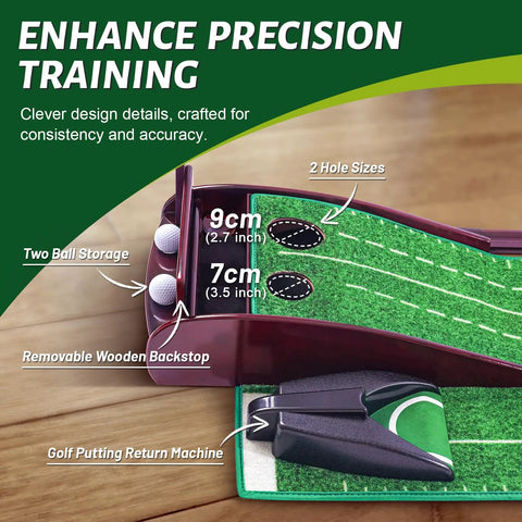 Indoor Golf Putting Mat With Three Track Putting Green And Automatic Ball Return showing two hole sizes and ball storage space