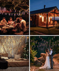 Vintage Hemp Rope Solar String Lights with 20 Shatterproof Bulbs illuminating different outdoor settings.