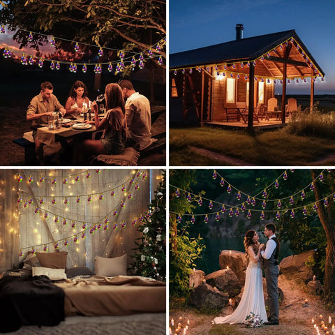 Vintage Hemp Rope Solar String Lights with 20 Shatterproof Bulbs illuminating different outdoor settings.