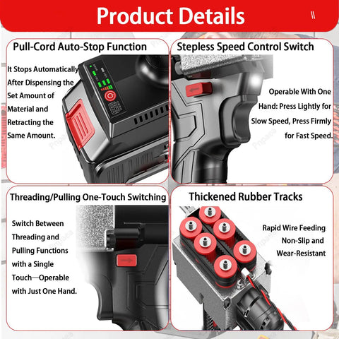 Pnpaea Cordless Electric Fish Tape Wire Feeder With Battery And Charger, Automatic Wire Threading Tool For Running Cable Through Walls, 30 Meter Lead Wire, Professional One-Button Power Puller features control switch and auto-stop function.
