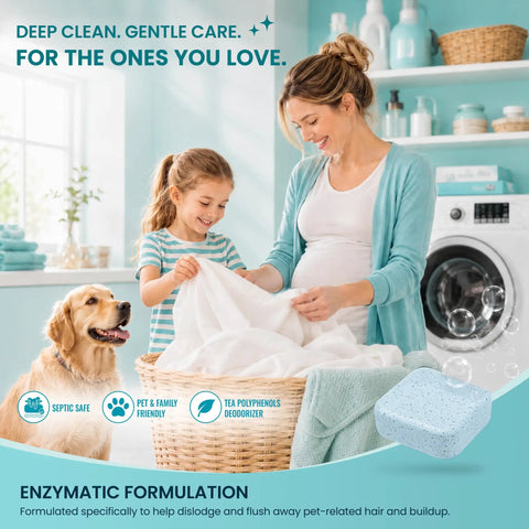 Pet Owner Friendly Washing Machine Cleaner Tablets 24 Pack with enzyme based formula for eliminating pet hair odors in washer.