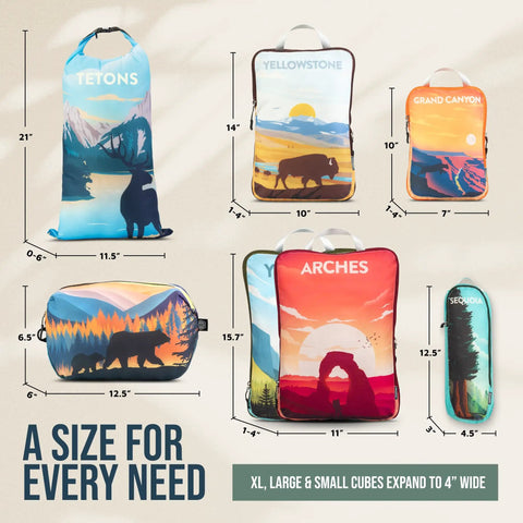 Slick Ultra Lightweight Compression Packing Cubes 7 Piece Set For Travel Luggage Organizers National Parks Edition with designs.