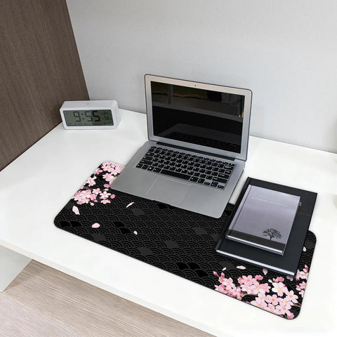 XL Gaming Mouse Pad With Anti Slip Rubber Base And Stitched Edges, Ultra Slick Glide, Huge 31.5 By 11.8 Inches, Anime Black Cherry Blossom Design