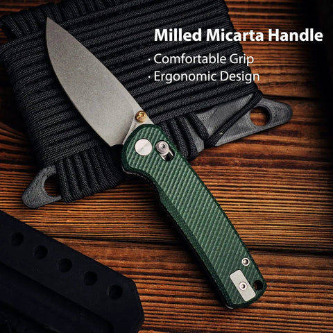 Rockshark EDC Folding Pocket Knife With 3.03 Inch 14C28N Drop Point Blade Green Micarta Handle on wooden surface