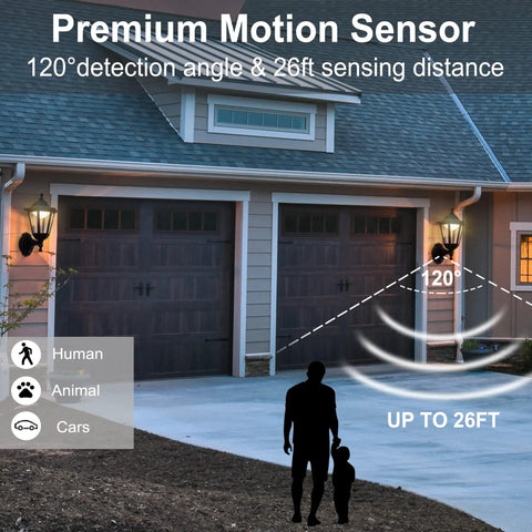 Motion Activated Outdoor Porch Light With Waterproof Exterior Sconce Featuring Motion Sensor illuminating garage doors