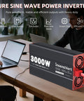 3000 Watt Pure Sine Wave Power Inverter from 12V DC to 120V AC with two AC outlets, USB ports, LCD display on a table workspace
