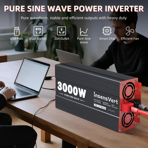 3000 Watt Pure Sine Wave Power Inverter from 12V DC to 120V AC with two AC outlets, USB ports, LCD display on a table workspace