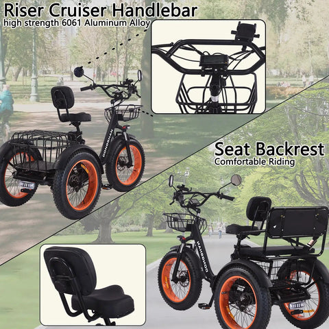 Foldable Fat Tire Electric Tricycle For Adults with black aluminum frame, riser cruiser handlebar, and rear seat backrest