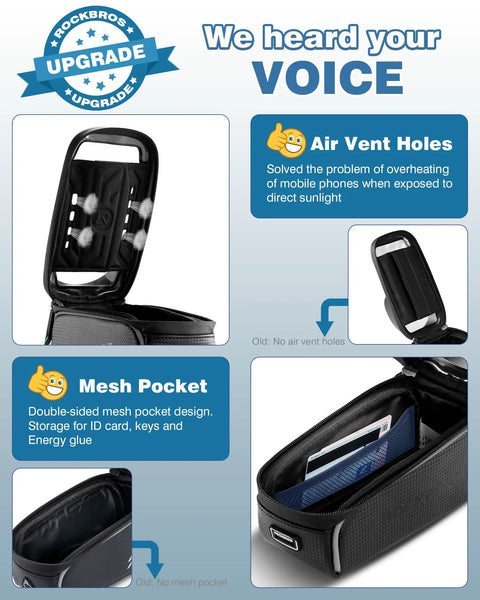 Waterproof Front Frame Bike Bag For Phone Under 7 Inches Large Tube Pouch with air vent holes and mesh pocket features