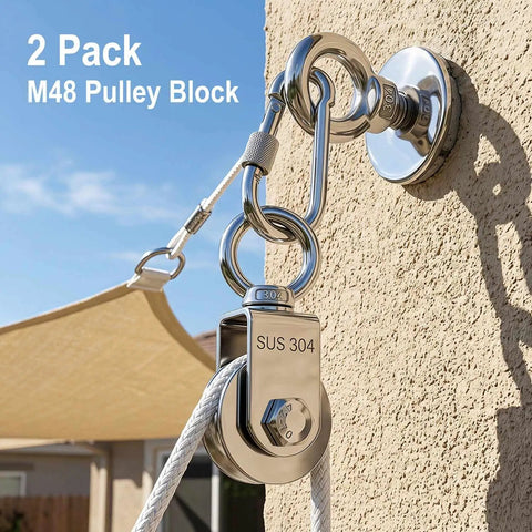 2 Pack Ball Roller Pulleys With 304 Stainless Steel Swivel Blocks For Lifting Quiet Jam Free Operation UGroove Wire Rope Pulleys 661 Lbs SWL And 1100 Lbs Breaking Strength Includes 2 Spring Snap Hooks, 304 stainless pulley block with wire rope