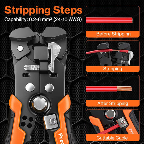 All-In-One Ferrule Crimping Tool Kit With Automatic Wire Stripper showing wire stripping steps and tool details