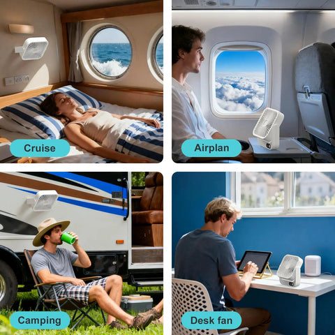 Slick Magnetic Travel Cooling Fan Built Tough For Cruise Cabins And Beach Vacations, used in various travel settings.