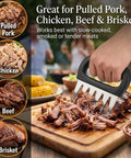Stainless Steel Meat Claws For Shredding Pulled Pork And More, Black Handle Bear Claws Shredder in use with pulled meat on table.