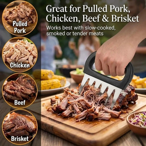 Stainless Steel Meat Claws For Shredding Pulled Pork And More, Black Handle Bear Claws Shredder in use with pulled meat on table.
