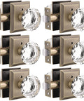 Six Pack Vintage Crystal Door Knobs With Privacy Lock For Interior Doors Round Glass Privacy Door Knob Set With Heavy Duty Square Rosette In Antique Bronze Finish For Bedroom And Bathroom