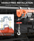 CREWORKS electric hoist in orange with sturdy ceiling-mount bracket and hanging hook, wireless remote control.