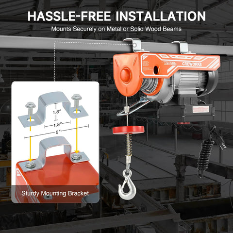 CREWORKS electric hoist in orange with sturdy ceiling-mount bracket and hanging hook, wireless remote control.