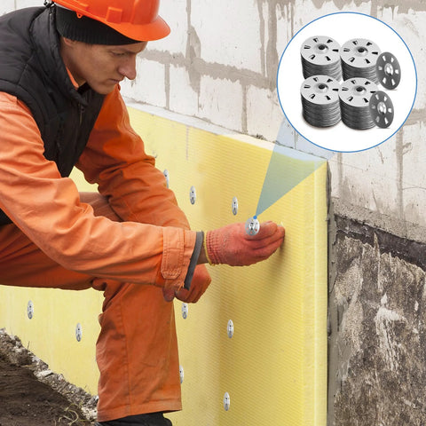Foam board washer set: stainless steel flat washers 1-1/8 in installed on yellow foam board by a worker