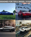 Designed for Tesla Model 3/Y/S/X, showcasing Tesla Lifting Jack Pads for 2016-2025, in various urban and natural settings.