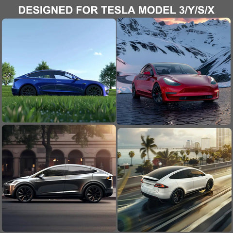 Designed for Tesla Model 3/Y/S/X, showcasing Tesla Lifting Jack Pads for 2016-2025, in various urban and natural settings.