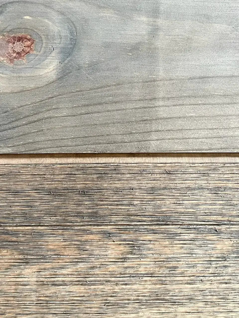 Slick Water Based Aging Wood Stain Yields Authentic Driftwood Gray Finish on sanded wood boards with visible grain patterns.