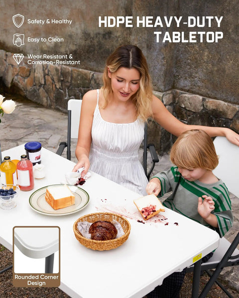 Mother and child using Four Foot Outdoor Folding Table With Quick Adjustable Height No Assembly One Hand Lift Operation Locking Legs.
