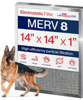 14x14x1 Electrostatic Air Filter MERV 8 Washable and Reusable for Furnace and AC HVAC Systems next to a German Shepherd.