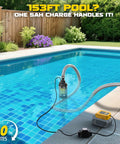 Cordless Submersible Water Pump With 1268 GPH High Flow 100W Motor 13Ft Submersion 26Ft Lift 6.5Ft Hose draining a pool