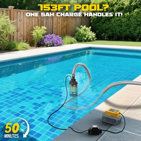 Cordless Submersible Water Pump With 1268 GPH High Flow 100W Motor 13Ft Submersion 26Ft Lift 6.5Ft Hose draining a pool