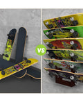 Left: Skateboards on floor. Right: Six Tier Wooden Skateboard Wall Rack Mount 36 Inch Display Stand And Storage Organizer loaded with skateboards.