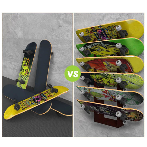 Left: Skateboards on floor. Right: Six Tier Wooden Skateboard Wall Rack Mount 36 Inch Display Stand And Storage Organizer loaded with skateboards.