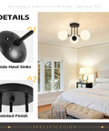 Three Light Mid Century Matte Black Semi Flush Ceiling Light With Opal Milk Glass Globes, LEDs Included in bedroom setting