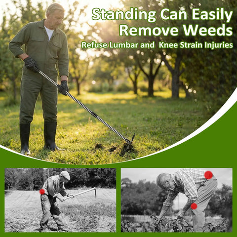 Elderly man using Long Handle 2 In 1 Weed Remover Tool With Adjustable Length, Hand Weed Rake And Garden Hoe for easy weeding in garden.