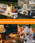 Cordless Table Lamp With Rechargeable Battery, LED Touch Lamp, Stepless Dimmable, 3 Color Modes on dining and coffee tables at outdoor events