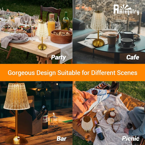Cordless Table Lamp With Rechargeable Battery, LED Touch Lamp, Stepless Dimmable, 3 Color Modes on dining and coffee tables at outdoor events