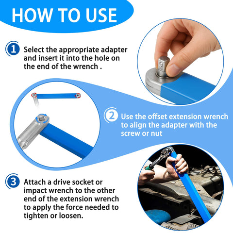 Offset Extension Wrench for Deep Reach Mechanics Set With Durable Chain Drive and High Hardness Steel Go To Workhorse Universal Compatibility Includes Three Color Wrench Extenders and Four Size Adapters For Maximum Torque 53 ft and 0 Degree Swing