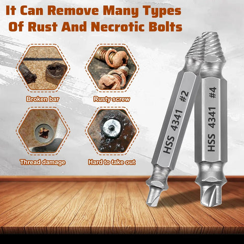 Damaged Screw Extractor Set for Stripped, Rusted, and Broken Screws and Bolts, Broken Bolt Extractor Tools, 6 Piece Kit shown with tools.