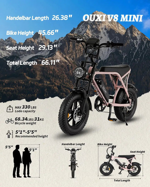 Adult Electric Bike With 1000W Brushless Motor 20Mph Peak Pulls 16Inch Slick Wheels in front of mountains showcasing dimensions.