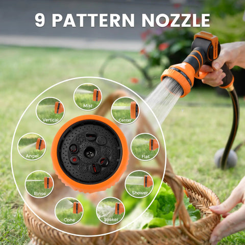 9-pattern nozzle of the Retractable Garden Hose Reel With Five Eighth Inch Hose 115 Plus Five Feet Heavy Duty Wall Mounted Automatic Rewind 180 Degree Swivel Bracket Slow Retraction Any Length Lock Dark Gray