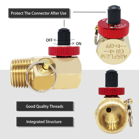 Shop Floor Ready Brass Air Tank Manifold With Half Inch Mnpt Fill Port And Quarter Hose Link Plus Eighth Gauge Socket, with red knob and quality threads.