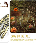 Golden Skeleton Hands For Halloween Yard Decor 2 Pack stakes with pumpkins in a spooky outdoor setting, easy to install.