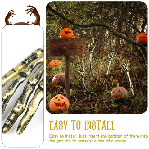 Golden Skeleton Hands For Halloween Yard Decor 2 Pack stakes with pumpkins in a spooky outdoor setting, easy to install.