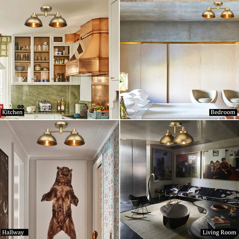 Collage of Two Light Semi Flush Mount Ceiling Fixture in Kitchen, Bedroom, Hallway, and Living Room.