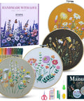 Beginner Embroidery Kit With Two Hoops, Four Floral Patterns, Includes 4K Video Tutorials And 11 Fundamental Stitches box and contents