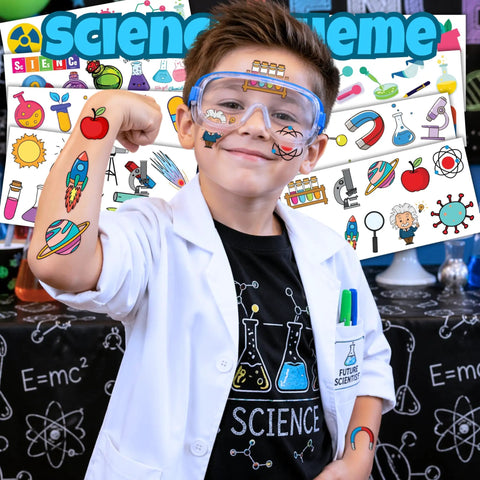 Child with Science Themed Temporary Tattoos 96 Count Pack For Kids Teens Party Supplies Favors Decorations Cute Fun Lab Themed Stickers