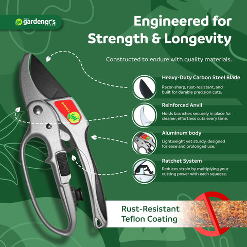 Ratcheting Pruning Shears For Garden Work With Assisted Action Beast Mode Cuts Heavy Duty Anvil Pruner Nonstick Steel Blade Easy Cuts And Clean Finishes Save Time And Effort While Trimming And Harvesting Plants shown on a promotional graphic highlighting features like carbon steel blade, reinforced anvil, aluminum body, and ratchet system.