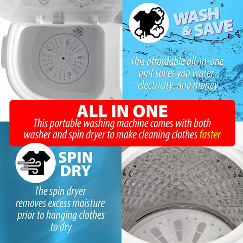 Portable Twin Tub Washing Machine With 13 Lb Capacity, Space Saver For Dorms, Apartments, And RVs, Easy Agitation Wash Cycles, Built In Gravity Drain, Uses Less Soap And Water, Quick Spin Dry