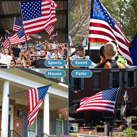 All In One Outdoor Flag Kit With 5ft Heavy Duty Flag Pole Holder 3x5 Embroidered American Flag displayed at sports event and porch