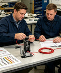 Two technicians using a Multifunction Electric Wire Stripper Dual Mode Hand Crank Drill powered tool for wire stripping.